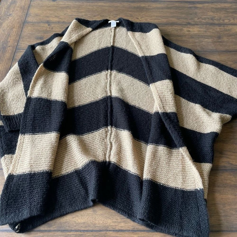 Chico’s Women’s Open Front Cardigan Sweater Tan Gold Black Striped Medium (8) - Picture 7 of 8